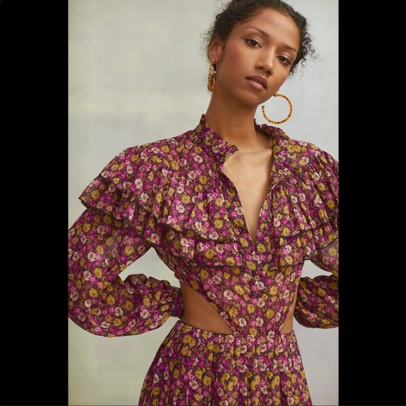 Ronny Kobo Ruffle Design Cut-Out Backless Floral Puff Sleeve Maxi Dress Pink - Picture 7 of 8